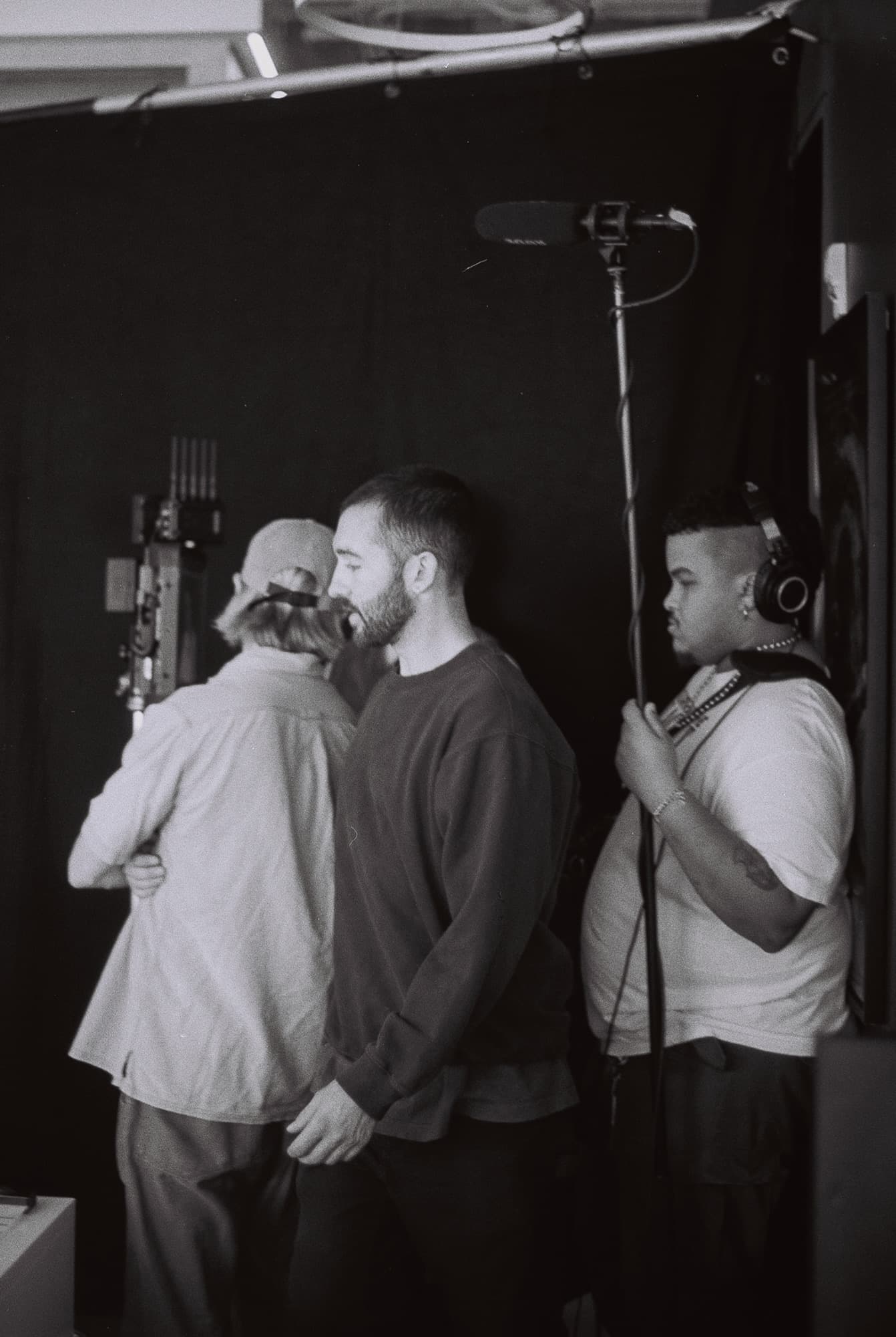 Behind the scenes, on black and white film.