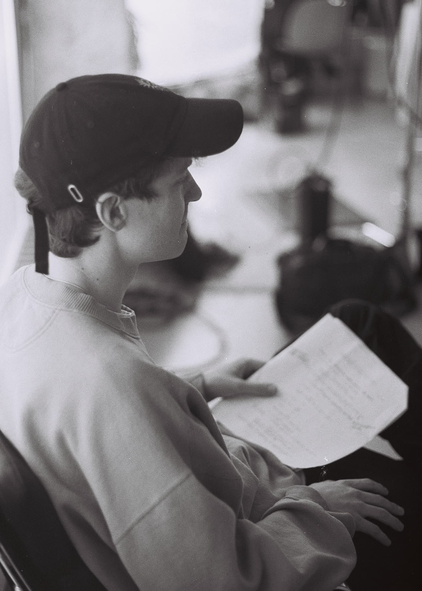 Behind the scenes, on black and white film.