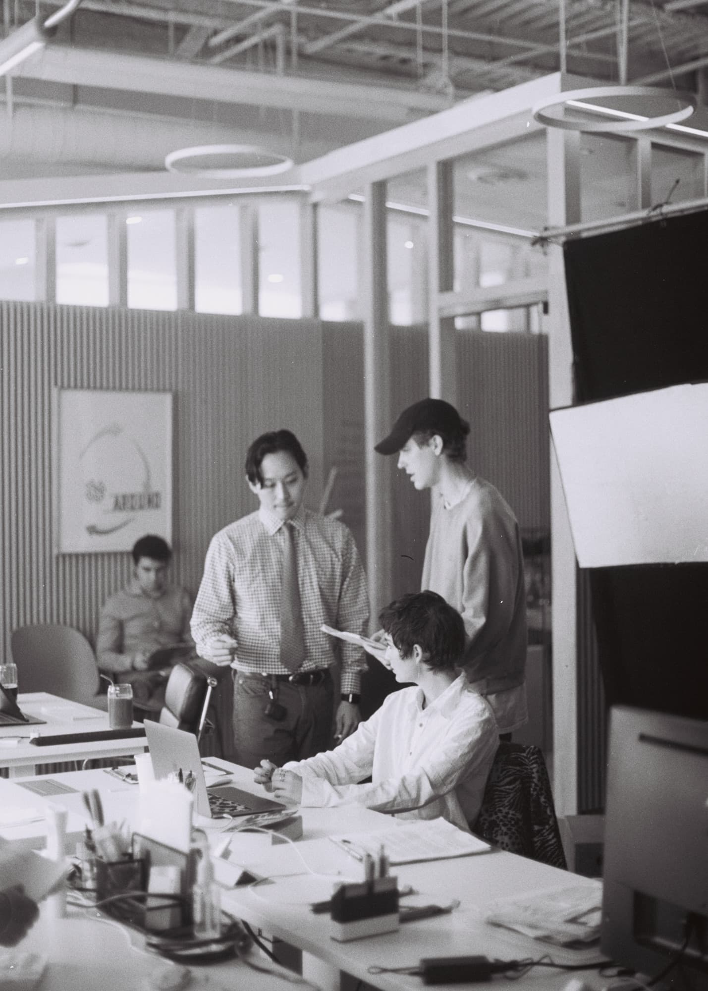 Behind the scenes, on black and white film.
