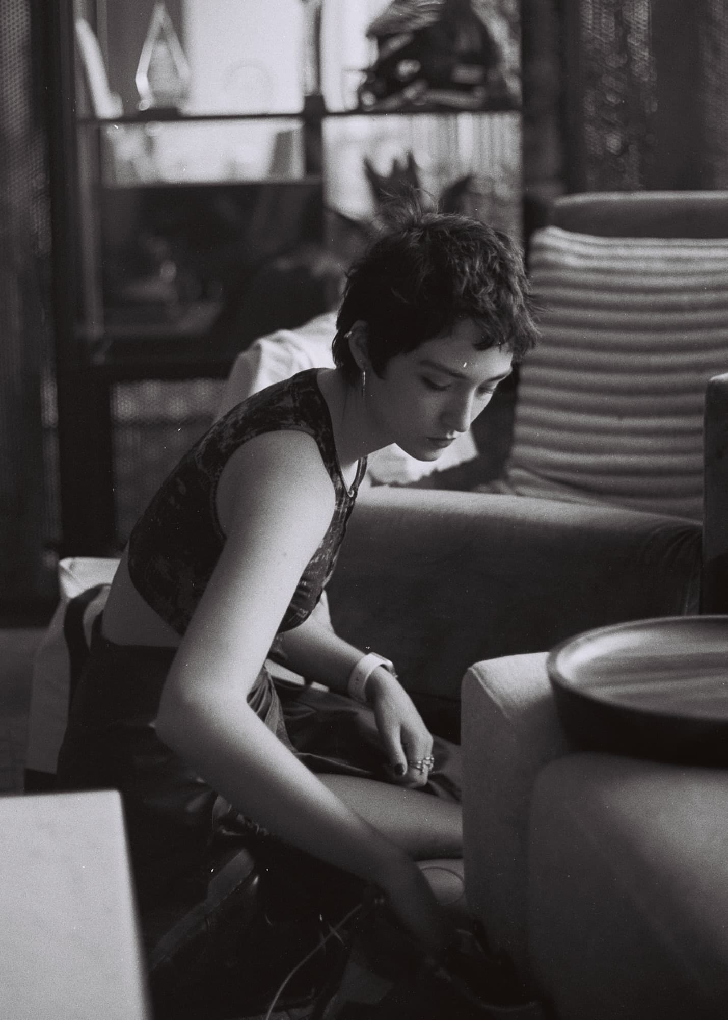 Behind the scenes, on black and white film.
