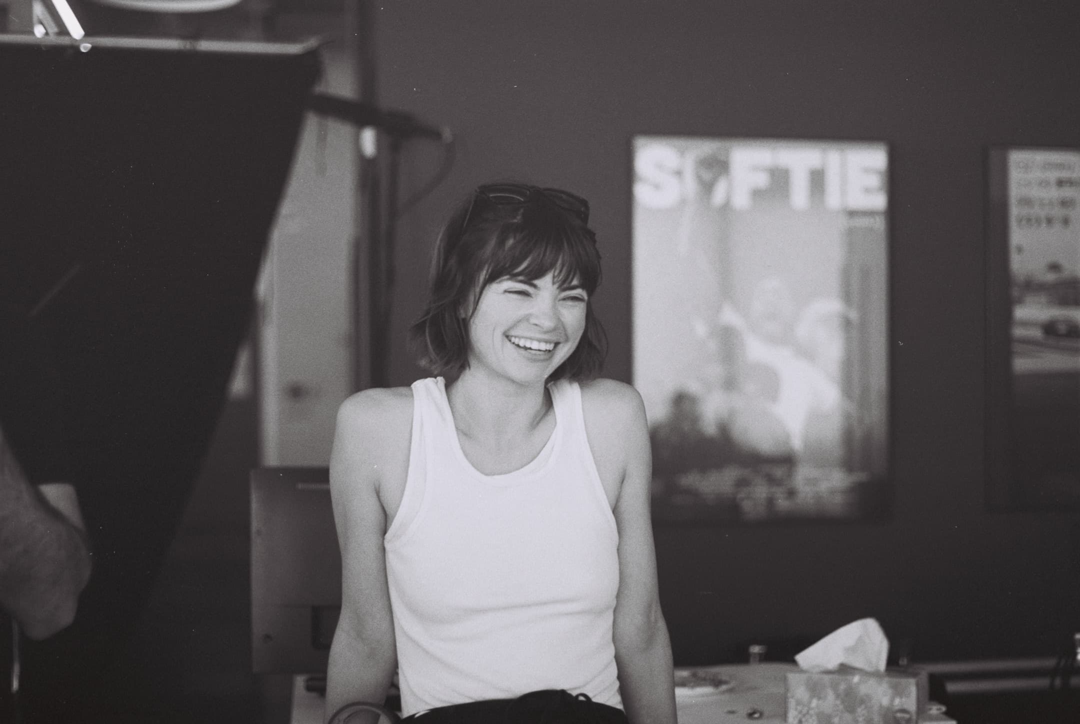 Behind the scenes, on black and white film.