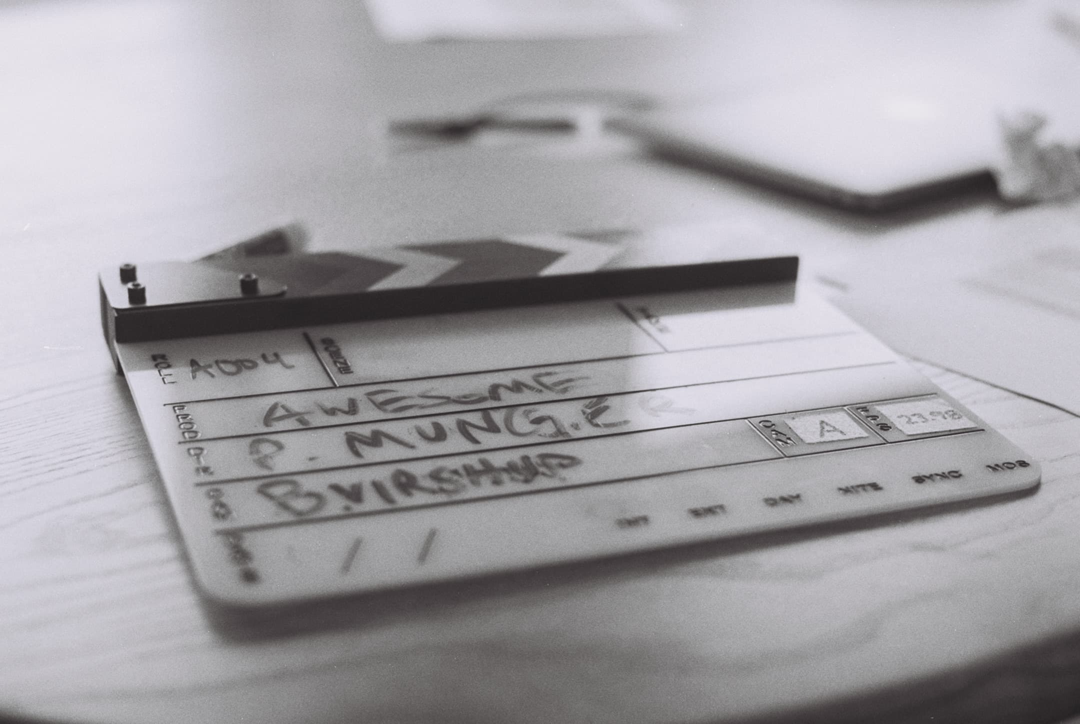 Behind the scenes, on black and white film.