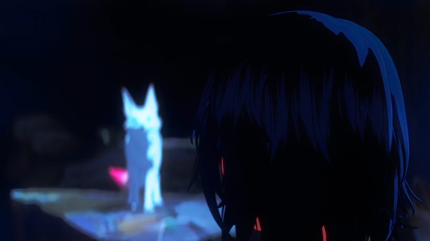 Dark animated still of a glowing white creature.